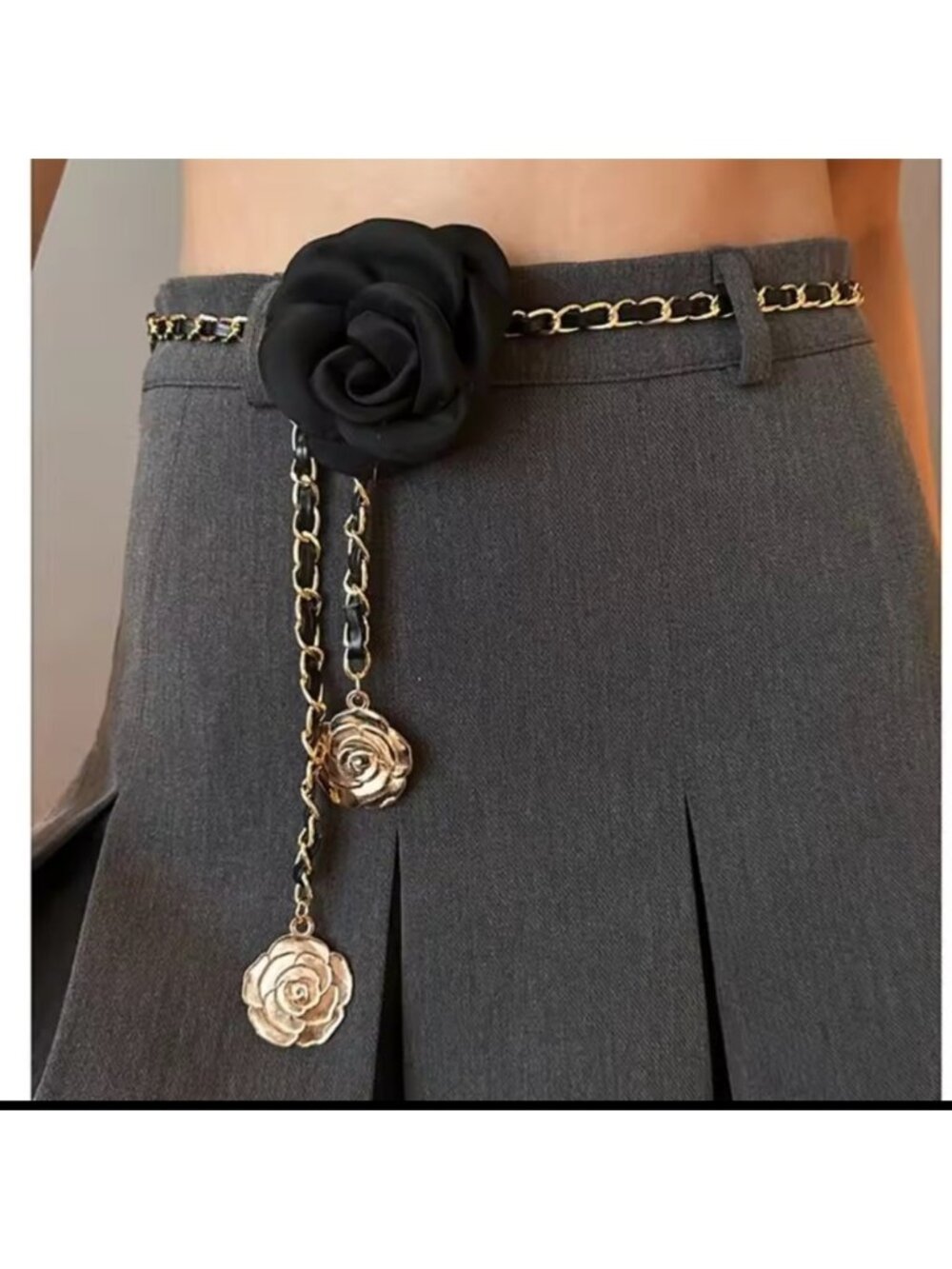 NWT Anthropologe Black and Gold Chain Belt with Rose Accents lux adjustable